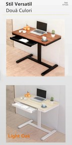 Birou Reglabil Multifuncțional cu Manivelă, Cadru Metalic, Sertar Glisant Ascuns, Design Compact – Ideal pentru Pat, Canapea și Lucru Flexibil, Stejar deschis/Alb