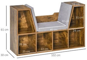 HOMCOM Bibliotecă-bancă 2 în 1 cu perne de șezut, etajeră cub cu 6 compartimente deschise, 102 x 30 x 61 cm, maro rustic | Aosom Romania