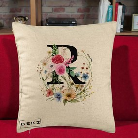 Cadou Personalizat - Perna Personalizata Monogram Litera R cu Flori Acuarela, 40x40 cm, Bej, Husa Detasabila, Perna Inclusa, BEKZ®