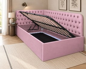 Pat tapițat pentru copii din catifea Elyra 140×200 cm, roz, colț dreapta, cu ladă de depozitare