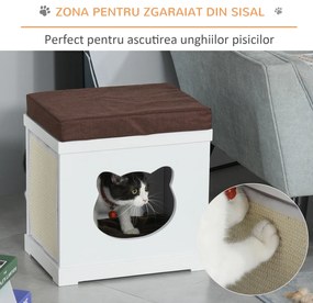 PawHut Culcuș Lemn pentru Pisici, 2 Pernuțe, Stâlpi Detașabili, Design Modern, 41x30x36 cm, Alb-Maro | Aosom Romania