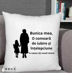 Cadou pentru Bunica - Perna Personalizata Bunica Mea Comoara Iubire Intelepciune Silueta, 40x40 cm, Alb Pufos, Husa Detasabila, Perna Inclusa, BEKZ®