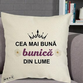 Cadou pentru Bunica - Perna Personalizata Cea Mai Buna Bunica Din Lume Coroana Mov Flori, 40x40 cm, Ecru, Husa Detasabila, Perna Inclusa, BEKZ®