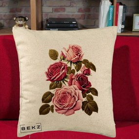 Perna Decorativa Trandafiri Vintage Roz-Rosii, 40x40 cm, Bej, Husa Detasabila, Perna Inclusa, BEKZ®