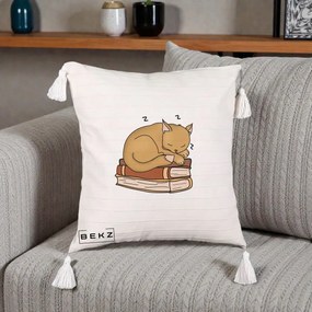 Perna Decorativa Pisica Adormita pe Carti, 40x40 cm, Bej cu Franjuri, Husa Detasabila, Perna Inclusa, BEKZ®