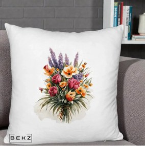 Perna Decorativa Buchet Mixt Acuarela Lavanda-Trandafiri, 40x40 cm, Alb Pufos, Husa Detasabila, Perna Inclusa, BEKZ®
