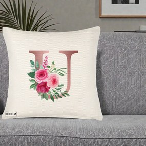 Cadou Personalizat - Perna Personalizata Monograma Rose Gold Litera U, 40x40 cm, Crem Reliefat, Husa Detasabila, Perna Inclusa, BEKZ®
