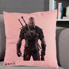 Perna Personalizata The Witcher Geralt of Rivia Portret, 40x40 cm, Roz, Husa Detasabila, Perna Inclusa, BEKZ®