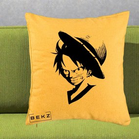 Perna Personalizata One Piece Luffy Silueta Alb-Negru, 40x40 cm, Galben, Husa Detasabila, Perna Inclusa, BEKZ®