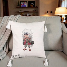 Perna Personalizata Naruto Jiraiya Sensei Chibi, 40x40 cm, Bej cu Franjuri, Husa Detasabila, Perna Inclusa, BEKZ®