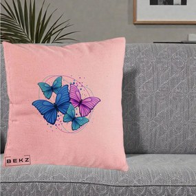 Perna Decorativa Patru Fluturi Turcoaz-Violet, 40x40 cm, Roz, Husa Detasabila, Perna Inclusa, BEKZ®