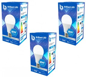 Set 3 Buc - Bec Brilliant LED, 18W (150W), 1440lm, lumina rece 6500k, 175-265V, E27 Lumina rece - 6500K, 3 buc