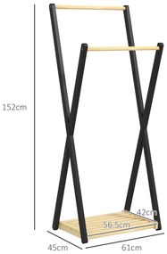 HOMCOM Cuier de Podea din Lemn cu 2 Bare, Suport pentru Haine Autoportant Modern cu Raft Inferior, 61x45x152 cm, Natural