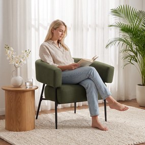 HOMCOM Fotoliu tapițat pentru living din țesătură cu aspect de in, șezut lat și adânc, spătar curbat, verde închis | Aosom Romania
