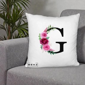 Cadou Personalizat - Perna Personalizata Monograma Florala Litera G, 40x40 cm, Alb Pufos, Husa Detasabila, Perna Inclusa, BEKZ®