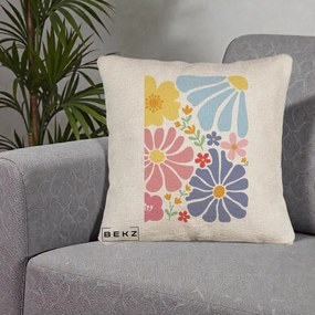 Perna Decorativa Flori Grafice Pastel Multicolor, 40x40 cm, Bej Canapea, Husa Detasabila, Perna Inclusa, BEKZ®
