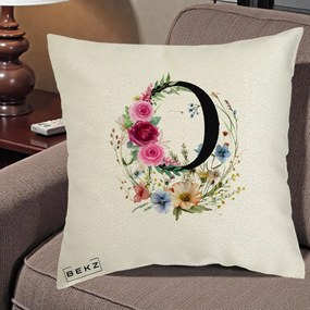 Cadou Personalizat - Perna Personalizata Monogram Litera O cu Flori Acuarela, 40x40 cm, Ecru, Husa Detasabila, Perna Inclusa, BEKZ®