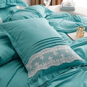 Lenjerie de pat uni cu pliuri si broderie, bumbac tip finet, 6 piese, pat 2 persoane, turquoise, FNJS-56