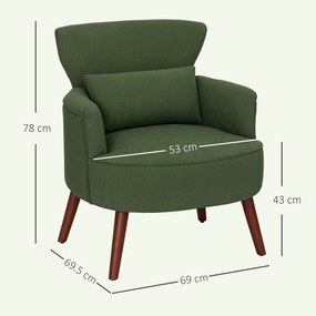HOMCOM Fotoliu Capitonat cu Pernă și Șezut Gros, Fotoliu din Catifea cu Spătar și Picioare din Lemn, 69x69,5x78 cm, Verde | Aosom Romania