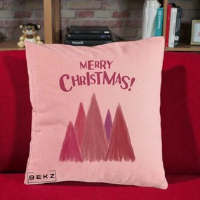 Perna Decorativa Merry Christmas Brazi Roz, 40x40 cm, Roz, Husa Detasabila, Perna Inclusa, BEKZ®