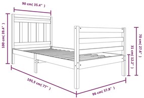 Cadru de pat Single 3FT, alb, 90x190 cm, lemn masiv Alb, 90 x 190 cm