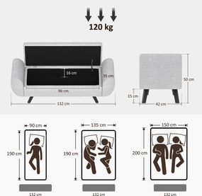 HOMCOM Bancă cu Spațiu de Depozitare cu Cotiere din Țesătură și Lemn 132x42x50 cm Gri | Aosom Romania