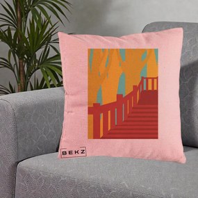 Perna Decorativa Scari Toamna Peisaj Grafic, 40x40 cm, Roz, Husa Detasabila, Perna Inclusa, BEKZ®