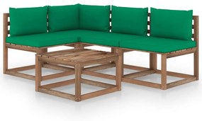 Set mobilier de gradina, 5 piese, cu perne verzi Verde, colt + 3x mijloc + masa, 1