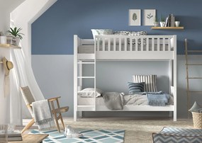 Pat supraetajat pentru copii SCOTT, alb, 90 x 200 cm, din pin scandinav și MDF, cu somiere incluse și 2 sertare pentru depozitare – Vipack