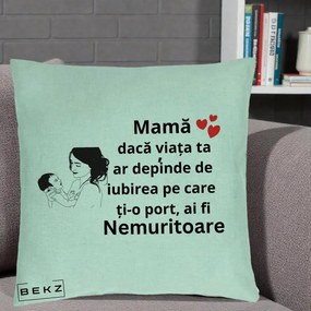 Cadou pentru Mama - Perna Personalizata Mama Nemuritoare Imbratisare Copil, 40x40 cm, Verde Menta, Husa Detasabila, Perna Inclusa, BEKZ®