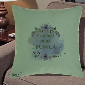 Cadou pentru Bunica - Perna Personalizata Cea Mai Buna Bunica Flori Mov Acuarela Auriu, 40x40 cm, Verde, Husa Detasabila, Perna Inclusa, BEKZ®