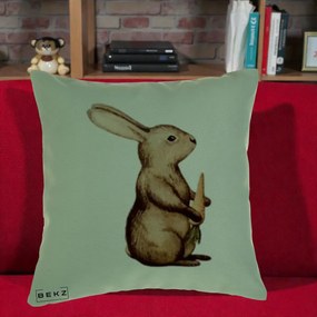 Perna Decorativa Iepuras Acuarela cu Morcov, 40x40 cm, Verde, Husa Detasabila, Perna Inclusa, BEKZ®