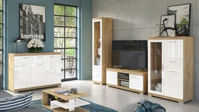 Mazzoni Mobilier perete SIMPLE Stejar Craft Auriu/Alb Luciu - COMODĂ TV VITRINĂ DOUĂ COMODE PENTRU LIVING