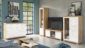 Mobilier perete SIMPLE Stejar Craft Auriu/Alb Luciu - COMODĂ TV VITRINĂ DOUĂ COMODE PENTRU LIVING