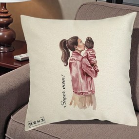 Cadou pentru Mama - Perna Personalizata Super Mom Jachete Roz, 40x40 cm, Ecru, Husa Detasabila, Perna Inclusa, BEKZ®