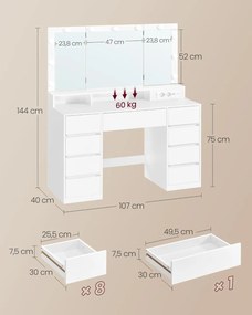 Masuta machiaj cu Oglinda LED si 9 Sertare pentru Cosmetice, Set Masa toaleta 107 cm, Alb, masuta cosmetica, vanity - SEA11