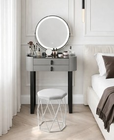 Set Bianca, Masă de toaletă pentru machiaj cu oglindă iluminată LED, control touch, taburet tapitat, 60x38x76 cm, Gri/Negru