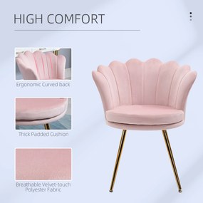 HOMCOM Scaun Imbottit Tip Scoică din Catifea, Scaunel Vintage cu Picioare Aurite, Scaun de Machiaj pentru Cameră și Sufragerie, Roz | Aosom Romania