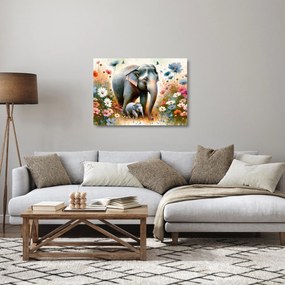 Tablou pe sticlă - Mama elefant, acuarelă (70x50 cm)
