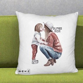 Cadou pentru Mama - Perna Personalizata Super Mom Acuarela, 40x40 cm, Alb Pufos, Husa Detasabila, Perna Inclusa, BEKZ®