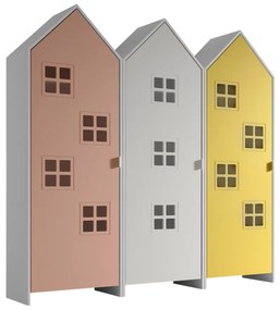 Set 3 dulapuri pentru copii Casami Bruges tip colibă de plajă – 1 cu ușă albă, 1 cu ușă Roz Confortabil și 1 cu ușă Galben Strălucitor – Vipack