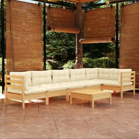 Set mobilier gradina cu perne crem, 7 piese, lemn de pin