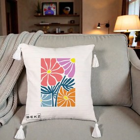 Perna Decorativa Flori Grafice Roz-Orange-Albastru, 40x40 cm, Bej cu Franjuri, Husa Detasabila, Perna Inclusa, BEKZ®