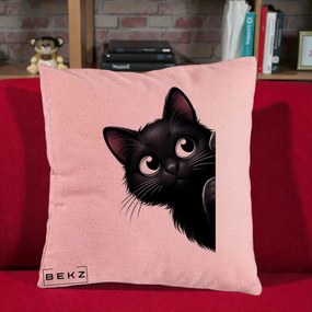 Perna Decorativa Pisica Neagra Dragalasa Curioasa, 40x40 cm, Roz, Husa Detasabila, Perna Inclusa, BEKZ®