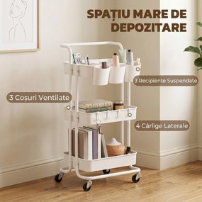 HOMCOM Cărucior de Bucătărie Multifuncțional cu 3 Nivele, Coșuri și Cârlige Detașabile, 42x38x86.5 cm, Negru | Aosom Romania