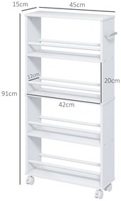 HOMCOM Cărucior de depozitare cu 4 niveluri, cărucior cu role și mânere, cărucior îngust, 45 x 15 x 91 cm, alb | Aosom Romania