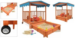 Casuta de joaca din lemn cu lada de nisip si acoperis parasolar