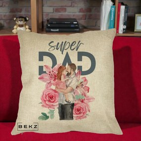 Cadou pentru Tata - Perna Personalizata Super Dad Tata cu Fetita si Flori, 40x40 cm, Crem, Husa Detasabila, Perna Inclusa, BEKZ®