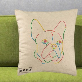 Perna Decorativa Bulldog Francez Line Art Curcubeu, 40x40 cm, Bej, Husa Detasabila, Perna Inclusa, BEKZ®