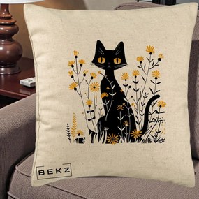 Perna Decorativa Pisica Neagra Ochi Galbeni Flori Galbene, 40x40 cm, Bej, Husa Detasabila, Perna Inclusa, BEKZ®